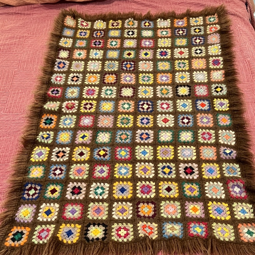 Handmade wool Colorful Crochet Blanket with Fringe